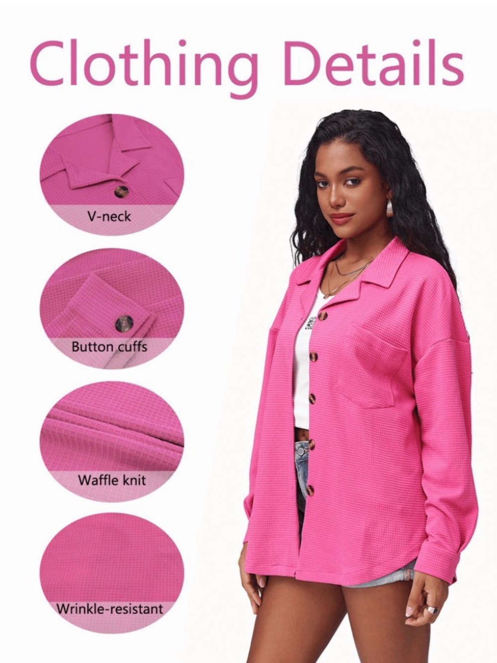 Pink Waffle Knit Shacket Button Front Oversized Lightweight